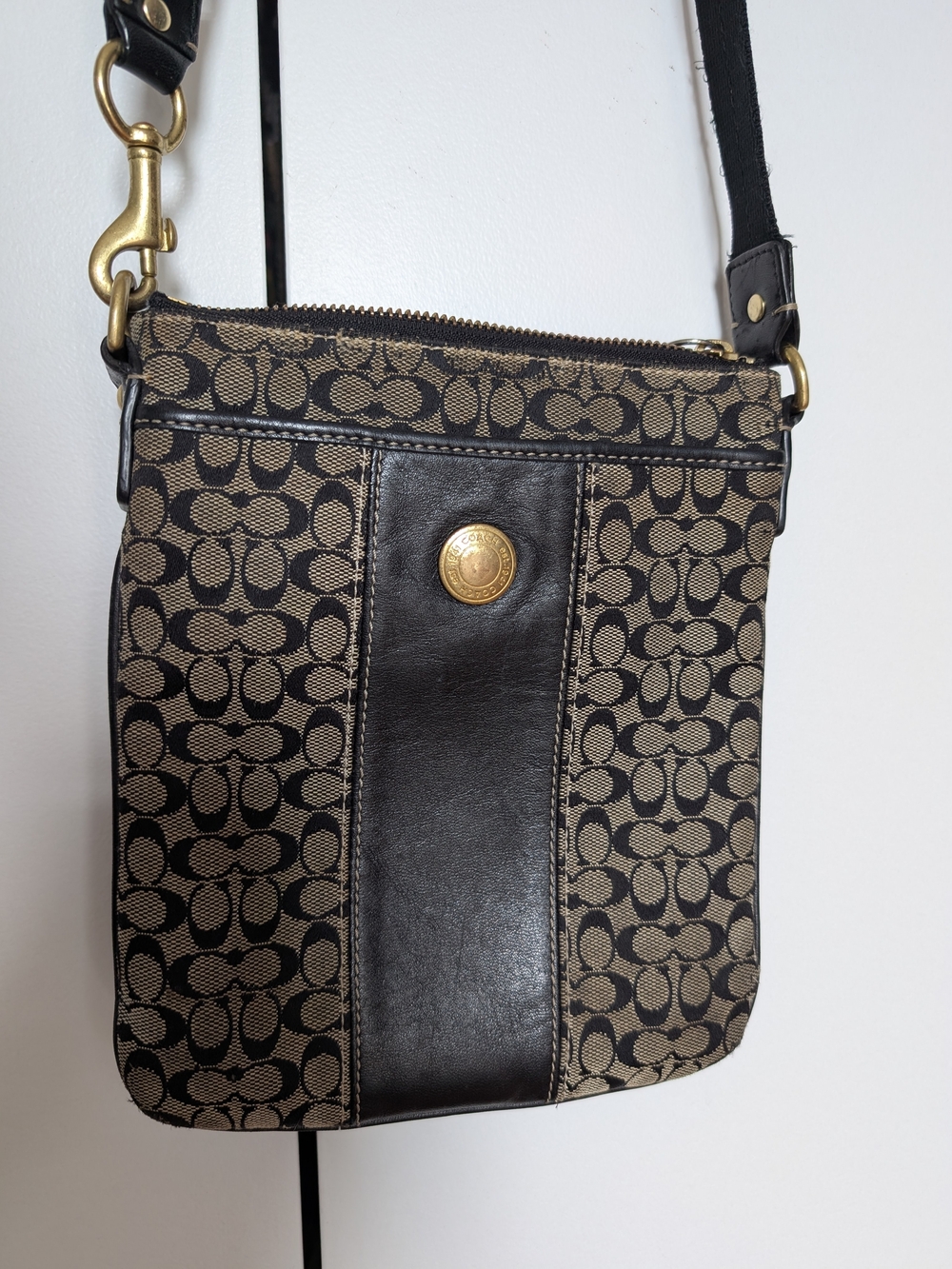 Coach Signature Monogram Crossbody Bag in Canvas and Black Leather Adjustable
